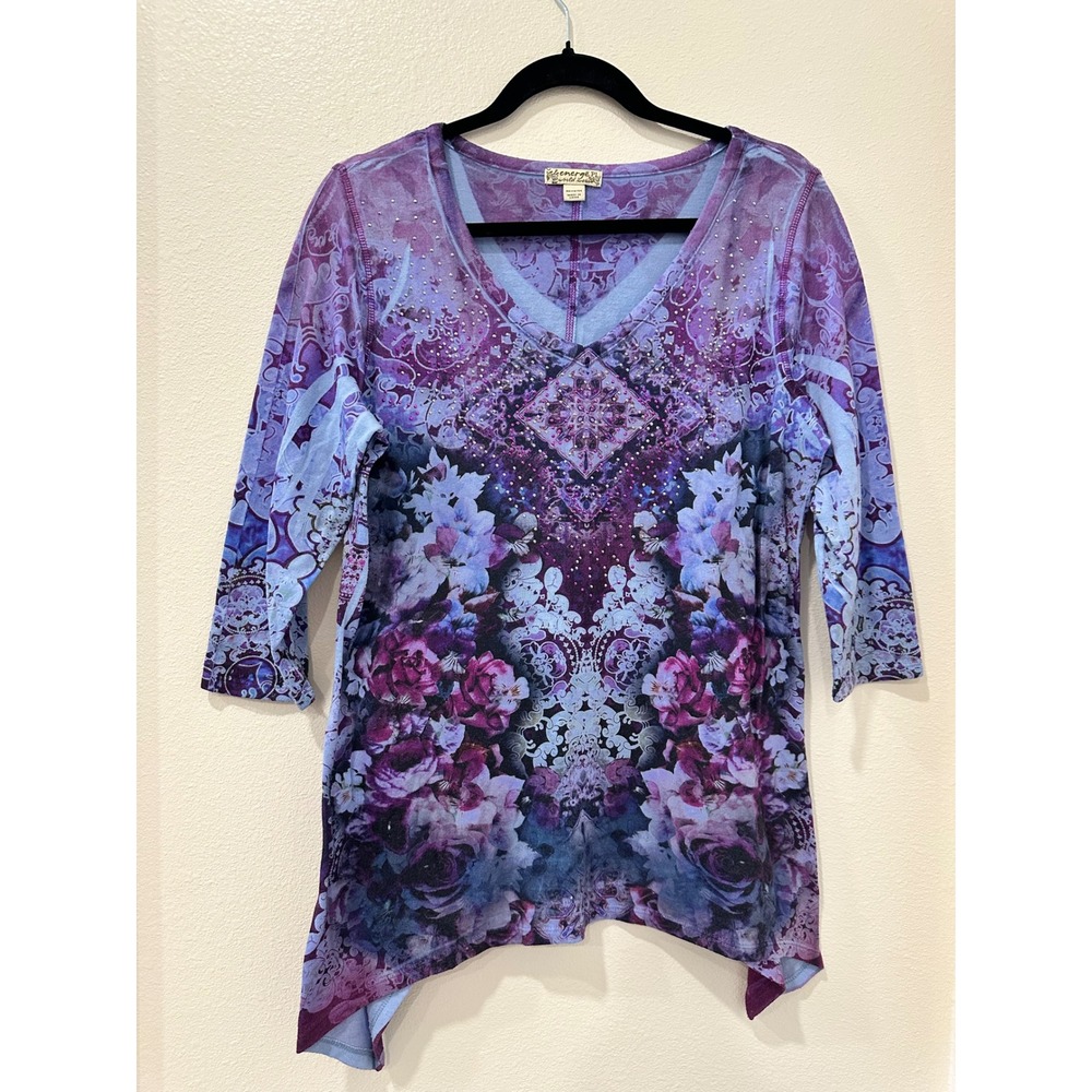 Vintage Energe PL Purple Floral Mandala Rhinestone Sharkbite Hem Top Petite L